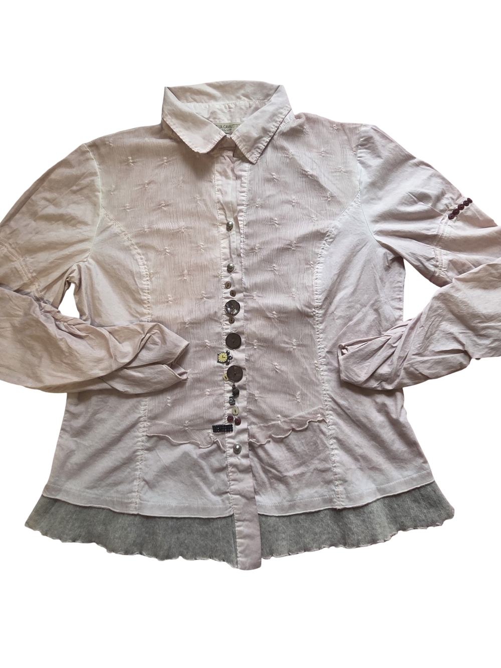 Elisa Cavaletti Pale Pink Button-Front Shirt with Gray Ruffle Hem